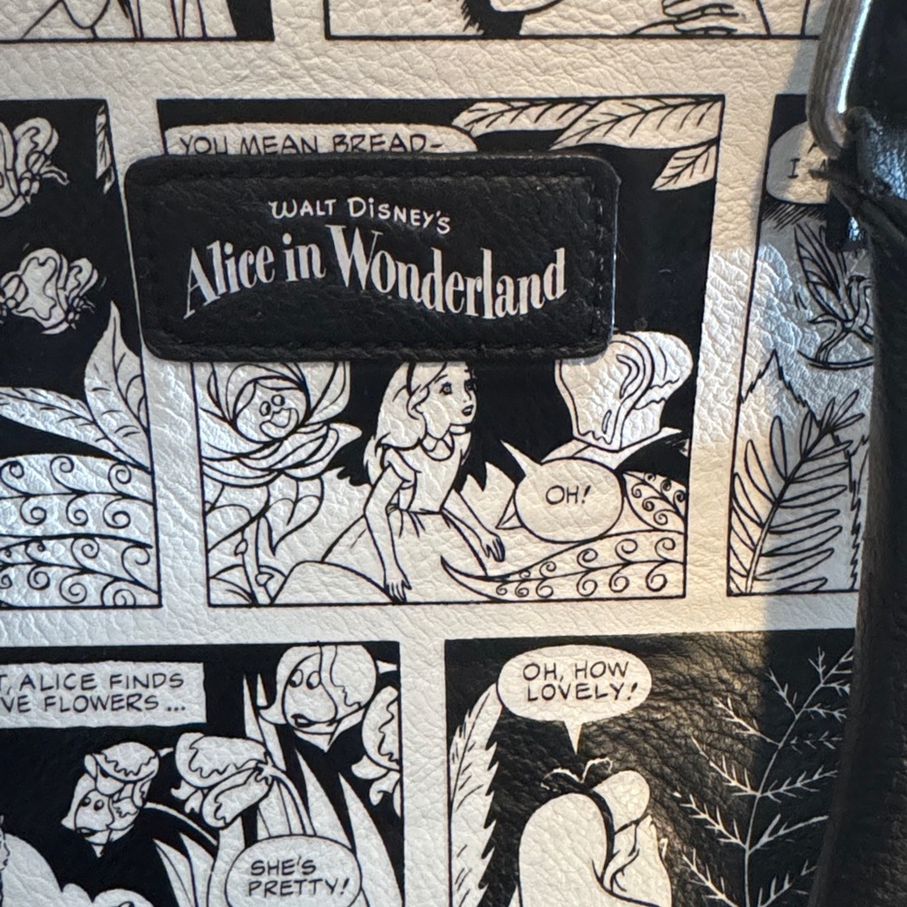 Loungefly Disney Black and White Comic Crossbody Bag, Alice in Wonderland - Picture 4 of 17